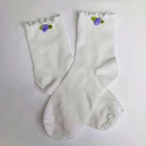 White Lettuce Ruffle Crew Cut Socks with Satin Purple Rose.